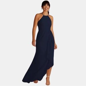 David's Bridal  | Marine Blue High-Neck Chiffon Maxi Dress with Cascade EUC
